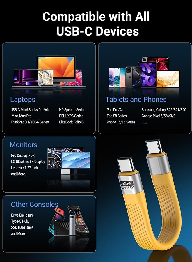 Unique 240W Short USB C Cable/USB 4.0 USB C Short Cable/40Gbps Data Transfer, 8K 60Hz Video Display, for 1Phone16/15, Ma-Book/iPad Series, Samsung Galaxy, Android Auto, VR - Portable Keychain - Yellow - Image 3
